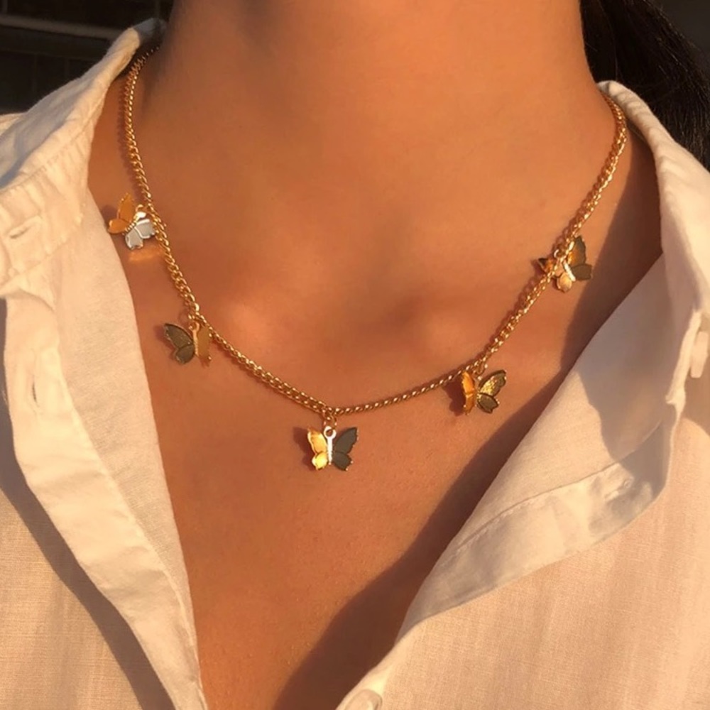 Y2K 90s BUTTERFLY PENDANT CHOKER NECKLACE GOLD